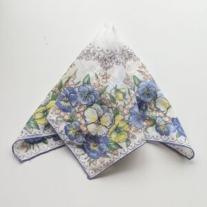Vintage Floral Cotton Handkerchief in Blue, Yellow, & White Pansies